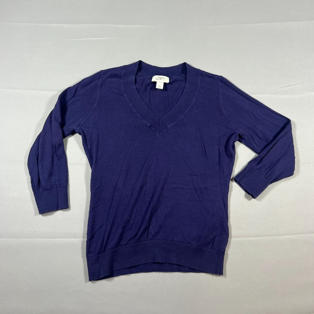 Ann Taylor Loft Sweater Womens Small Purple Cotton Tight Knit Ribbed Trim V Neck